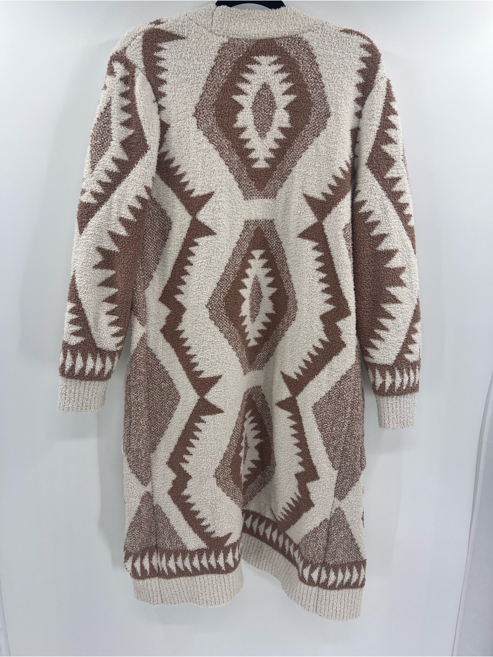 Boho Aztec Pattern Long Cardigan Cream Brown Open Front L - Picture 5 of 7